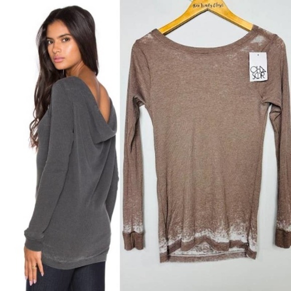 Chaser NWT Vintage Ribbed Long Sleeve Draped Back Tunic Tee Owl Sz Medium CW6306 - Picture 1 of 5